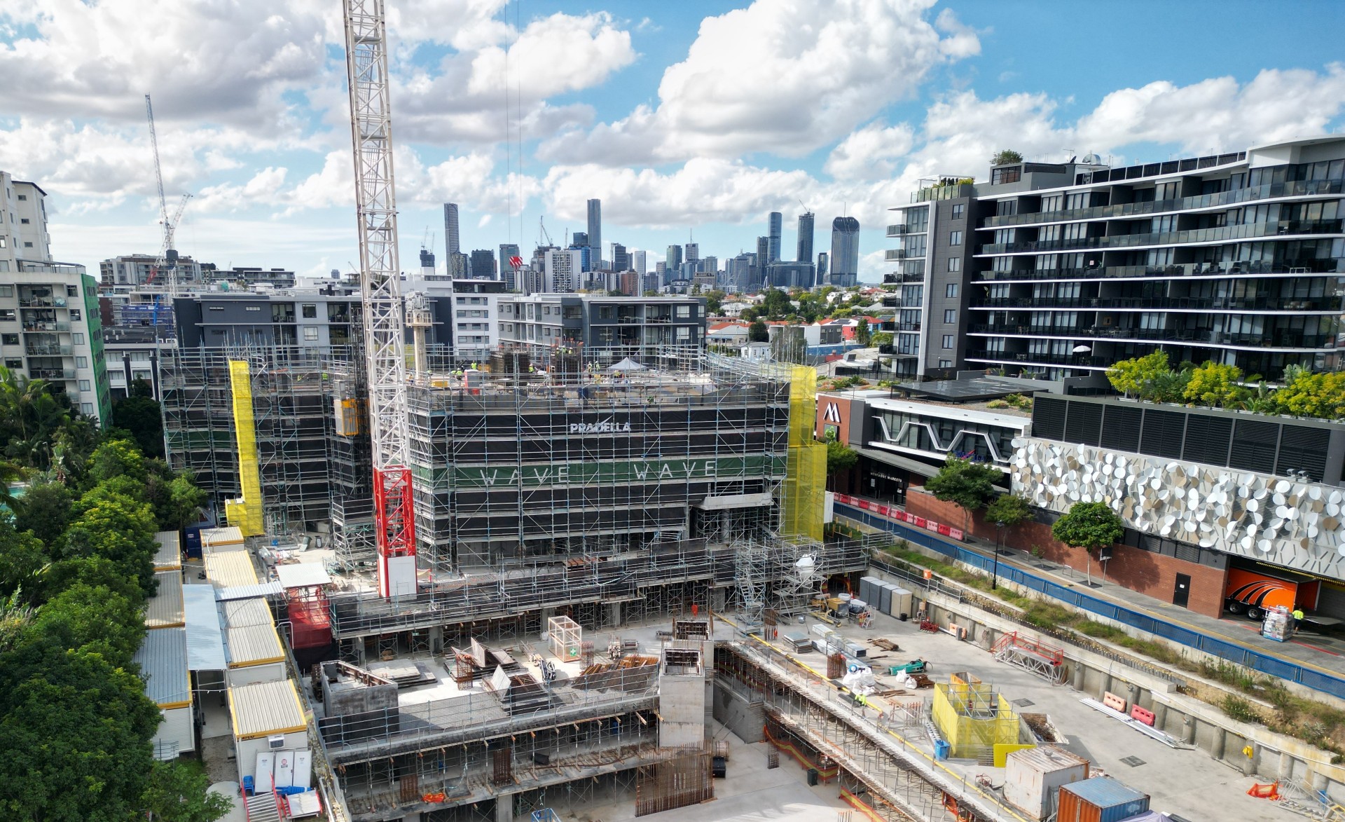 a bird's eye view of construction progress at The Lanes in West End.