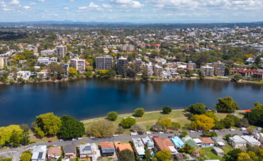 An aerial view of the Brisbane River, West End and Orleigh Park.