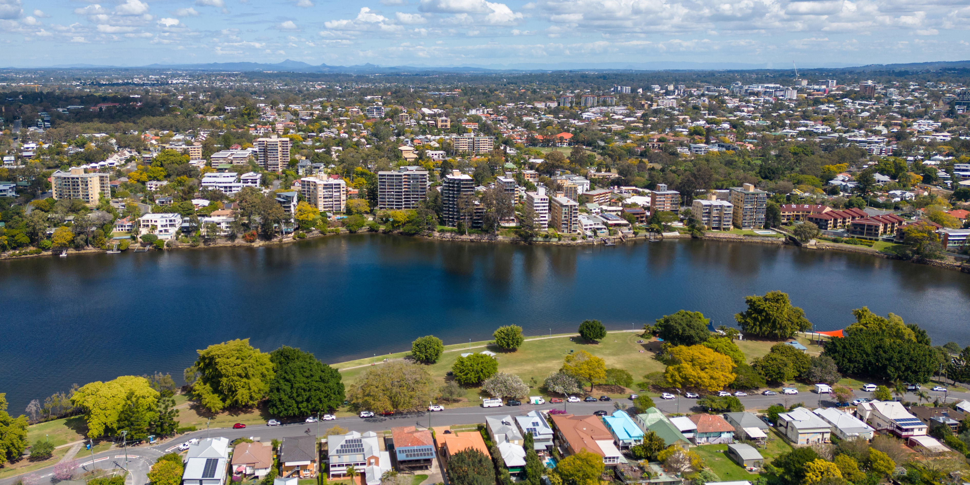 An aerial view of the Brisbane River, West End and Orleigh Park.